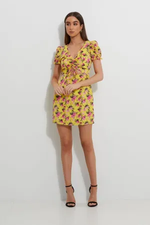 Print Ruched Front Keyhole Dress
