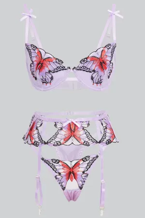 Purple Butterfly Embroidery Lingerie Set