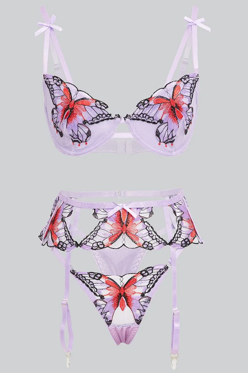 Purple Butterfly Embroidery Lingerie Set