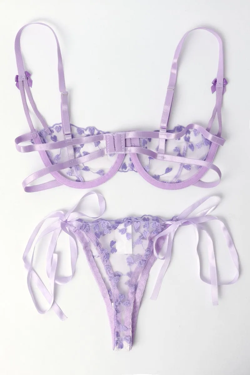 Purple Heart Embroidery Lingerie Set