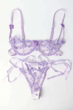 Purple Heart Embroidery Lingerie Set