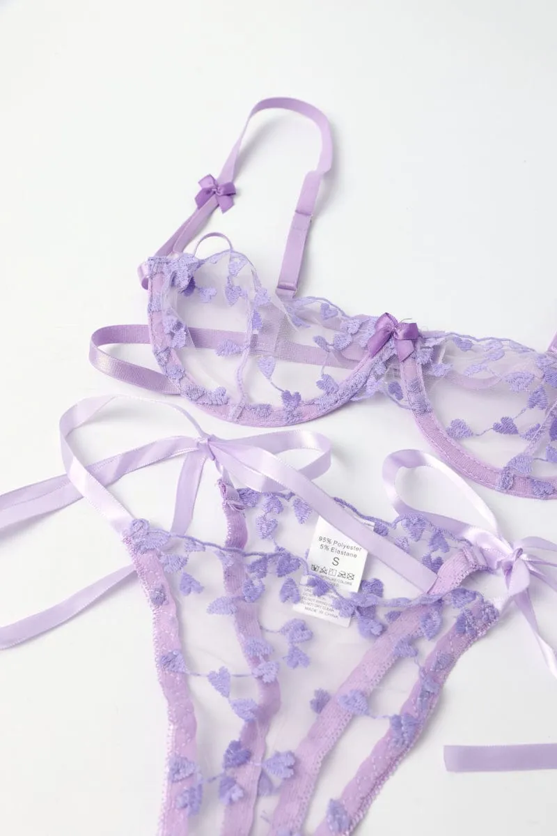 Purple Heart Embroidery Lingerie Set