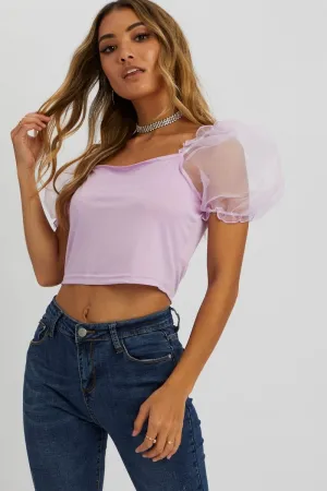 Purple Organza Puff Sleeve Top