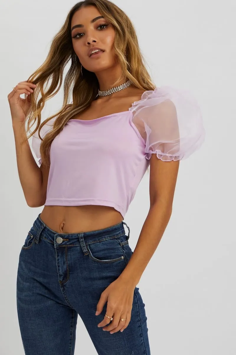 Purple Organza Puff Sleeve Top