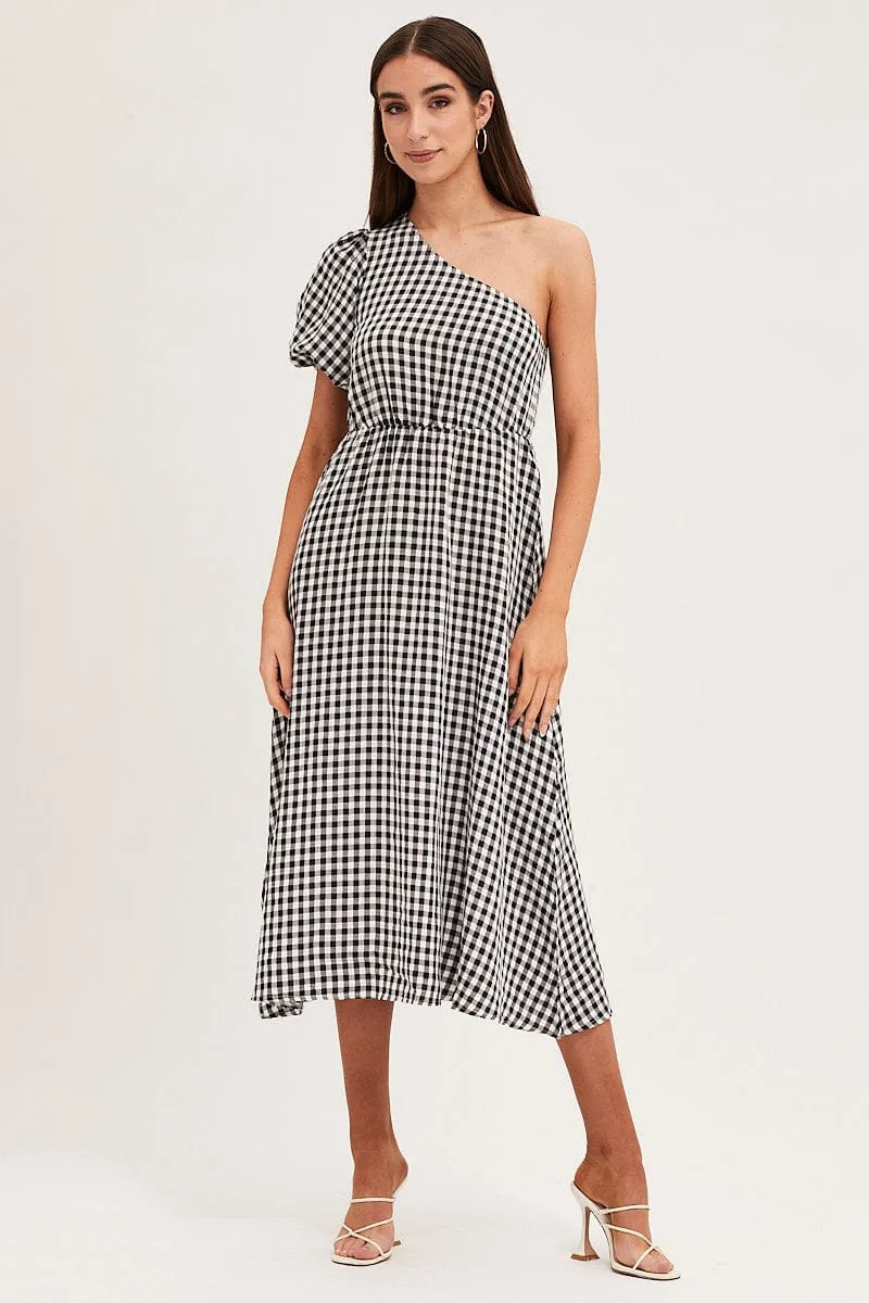 Stripe Check One Shoulder Midi Dress