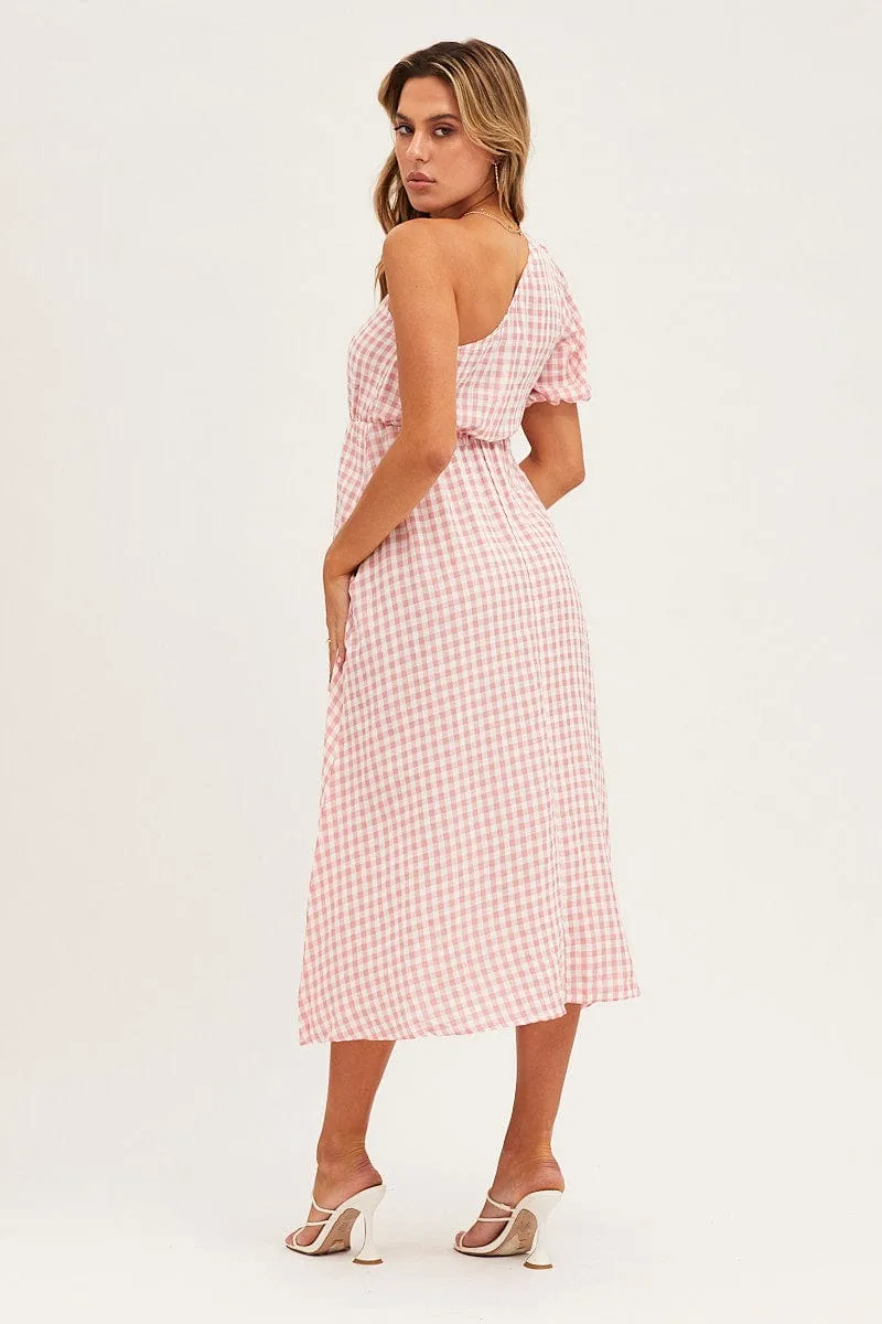 Stripe Check One Shoulder Midi Dress