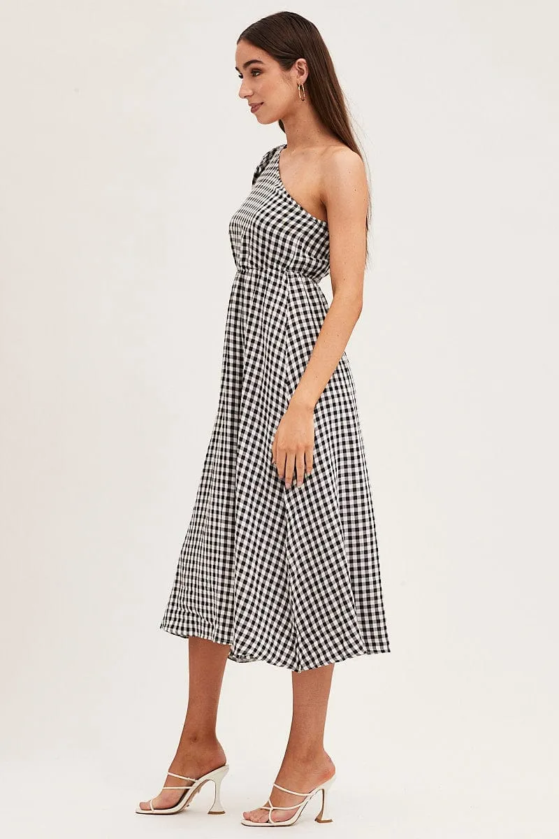 Stripe Check One Shoulder Midi Dress