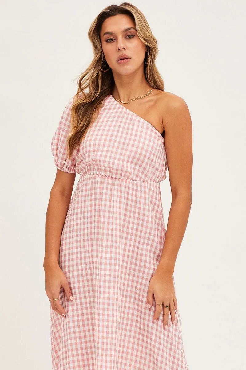 Stripe Check One Shoulder Midi Dress