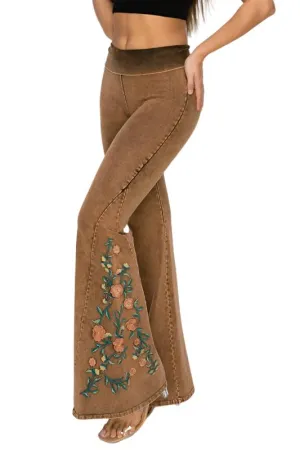 T-Party Floral Embroidery Mineral Washed Yoga Pant CJ75483 Camel