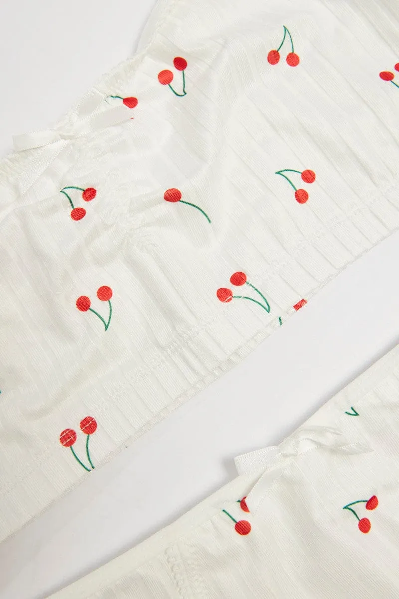 White Cherry Print Lingerie Set