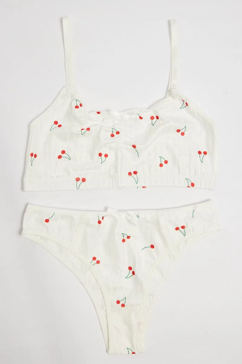 White Cherry Print Lingerie Set