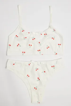 White Cherry Print Lingerie Set