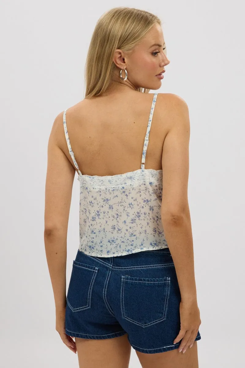 White Floral Cami Top Button Front