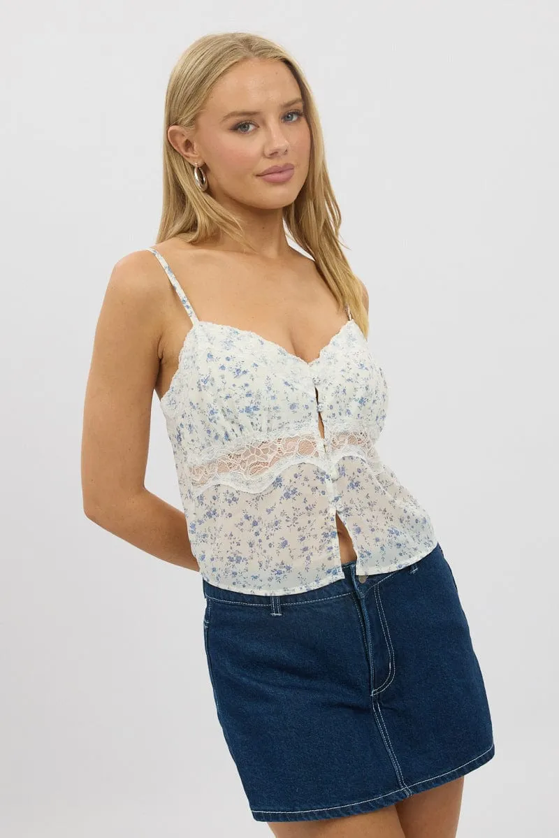 White Floral Cami Top Button Front