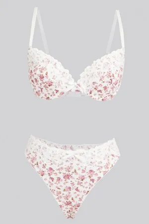 White Floral Floral Print Lace Lingerie Set