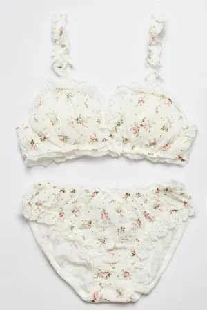 White Floral Print Lingerie Set