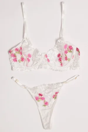 White Flower Embroidery Lingerie Set