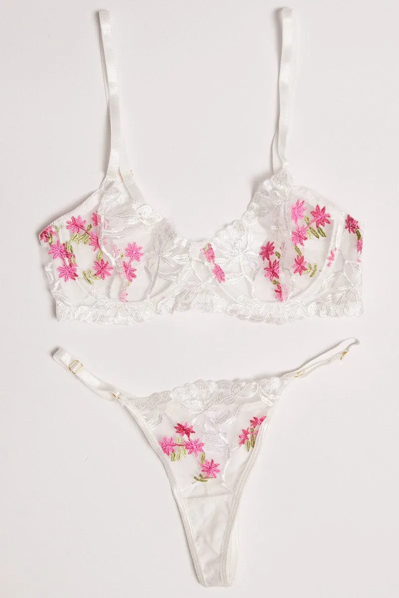 White Flower Embroidery Lingerie Set