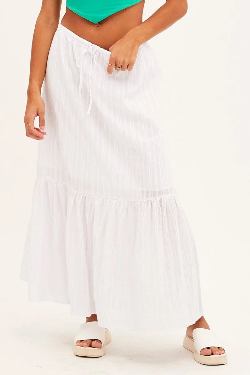 White Midi Skirt Tiered Textured Thin Tie Waist