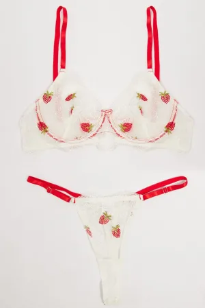 White Strawberry Embroidery Lingerie Set