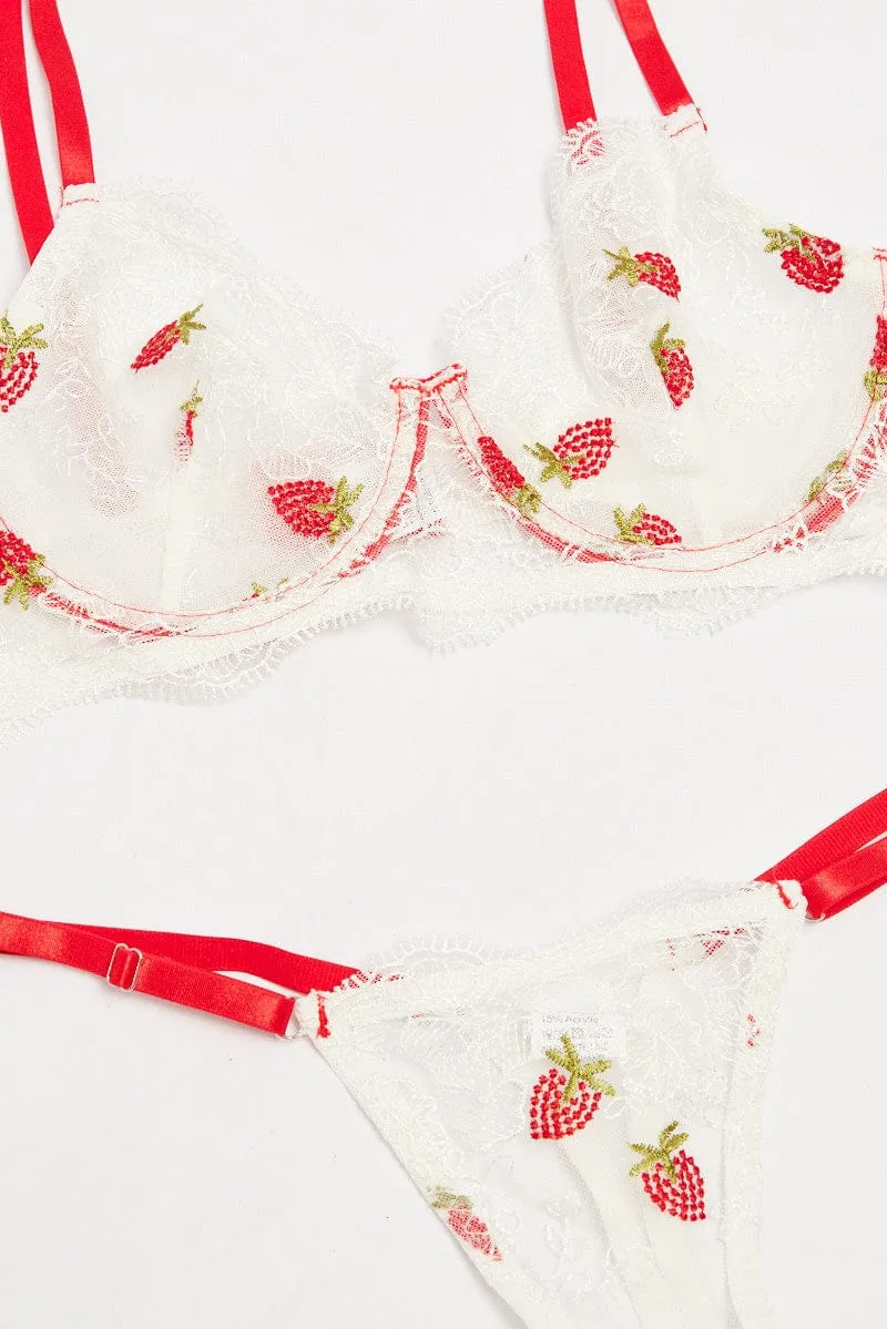 White Strawberry Embroidery Lingerie Set