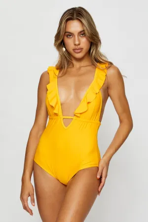 Yellow Deep V Plunge One Piece Swimsuit